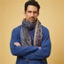 Scarves - BANGARAM MEN'S SCARF — BEIGE & INDIGO BLUE PRINTED PATTERNS IN WOOL - AV08 PARIS