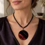 Jewelry - Bog Oak & Baltic Amber Pendant – Round, 40x40x6 mm – Fuchsia Halo Disc - GLASS4CANDLES