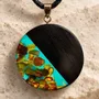 Jewelry - Bog Oak & Amber Pendant – Round, 40x40x6 mm – Sapphire Halo Disc - GLASS4CANDLES
