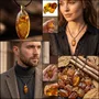 Bijoux - Pendentif en ambre baltique et feuille dorée – goutte – Braise Obscure - GLASS4CANDLES