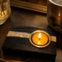 Bougeoirs et photophores  - Bougeoir en chêne noir et métal doré – bande argentée horizontale - GLASS4CANDLES