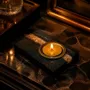Candlesticks and candle holders - Bog Oak & Metal Tealight Holder – diagonal silver-tone stripe - GLASS4CANDLES