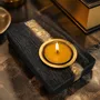 Candlesticks and candle holders - Bog Oak & Metal Tealight Holder – diagonal silver-tone stripe - GLASS4CANDLES