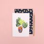 Stationery - Monstera in a patterned red plant pot greeting card - BLANK INSIDE