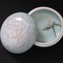 Ceramic - Hand painted Japanese celadon incense container with peony motif - YUKO KIKUCHI