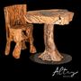 Autres tables - ENSEMBLE CHAISE ET TABLE SCULPTÉ EN BOIS D'OLIVIER RÉCUPÉRÉ - ALTAY MIPANAS