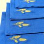 Linge de table textile - Lot de Serviettes en lin bleu broderie Spike blé - GOLIUK