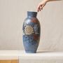 Vases - Burnished Blue Clay Vase with Flowers - HUAKAL