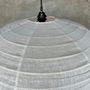 Hanging lights - Medium suspension in rattan and natural linen Japanese style flattened round (Labu) H35 D60 - OFFICE OBJETS
