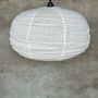 Hanging lights - Medium suspension in rattan and natural linen Japanese style flattened round (Labu) H35 D60 - OFFICE OBJETS
