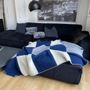 Throw blankets - Wool blanket plaid, Tricolor Square Solid Blue - WOOL ONLY BY JOWOLLINA