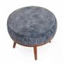 Ottomans - Zoya - Teakwood Round Ottoman with Astronaut Blue Fabric - ALANKARAM