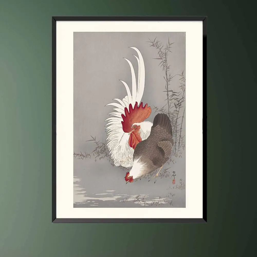 Affiches - Estampe japonaise oiseaux Coq et poule de Ohara Koson prêt-à-encadrer 30x40 cm - BILLPOSTERS.FR