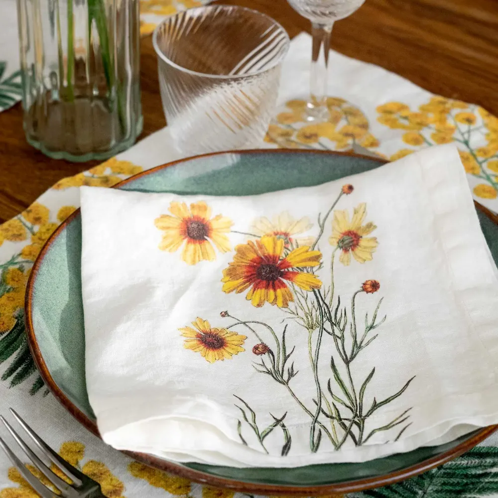 Napkins - Linen Napkins │ Yellow Flowers - LINOROOM 100% LINEN TEXTILES