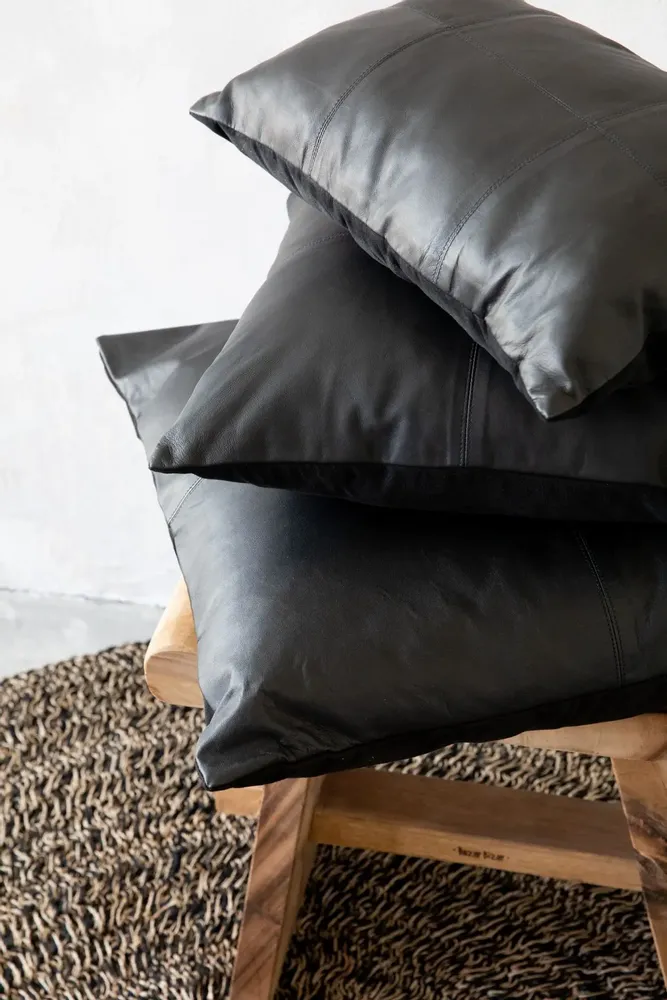 Cushions - The Four Panel Leather Cushion Cover - Black - 40x40 - BAZAR BIZAR LIVING