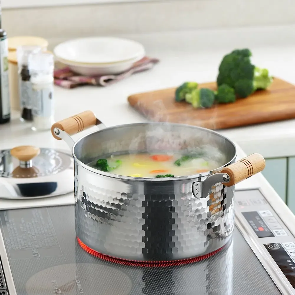 Casseroles - Marmite de 22 cm en acier inoxydable, martelée avec son couvercle - collection Yukihira / YOSHIKAWA - ABINGPLUS