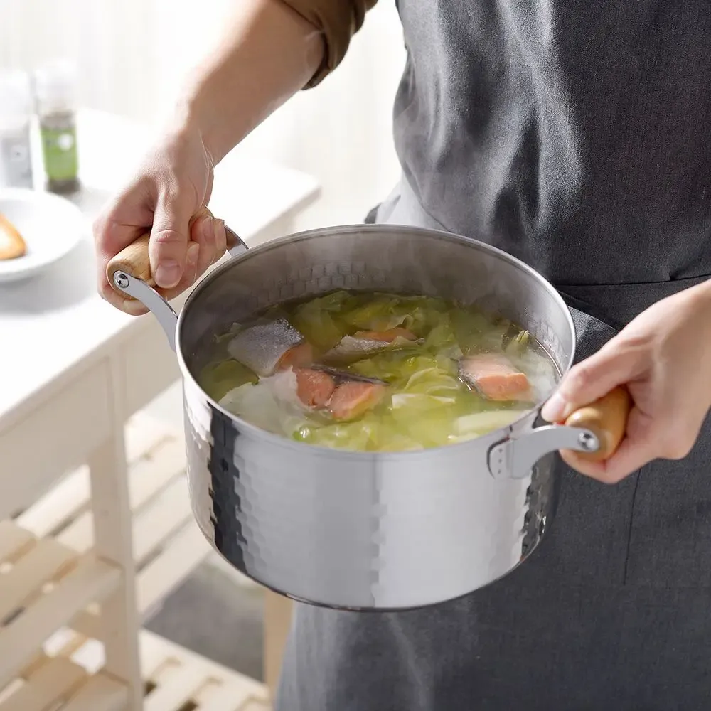 Saucepans  - Japanese stainless steel pot, 18, 22 and 24 cm hammered with its lid - Yukihira/YOSHIKAWA collection - ABINGPLUS