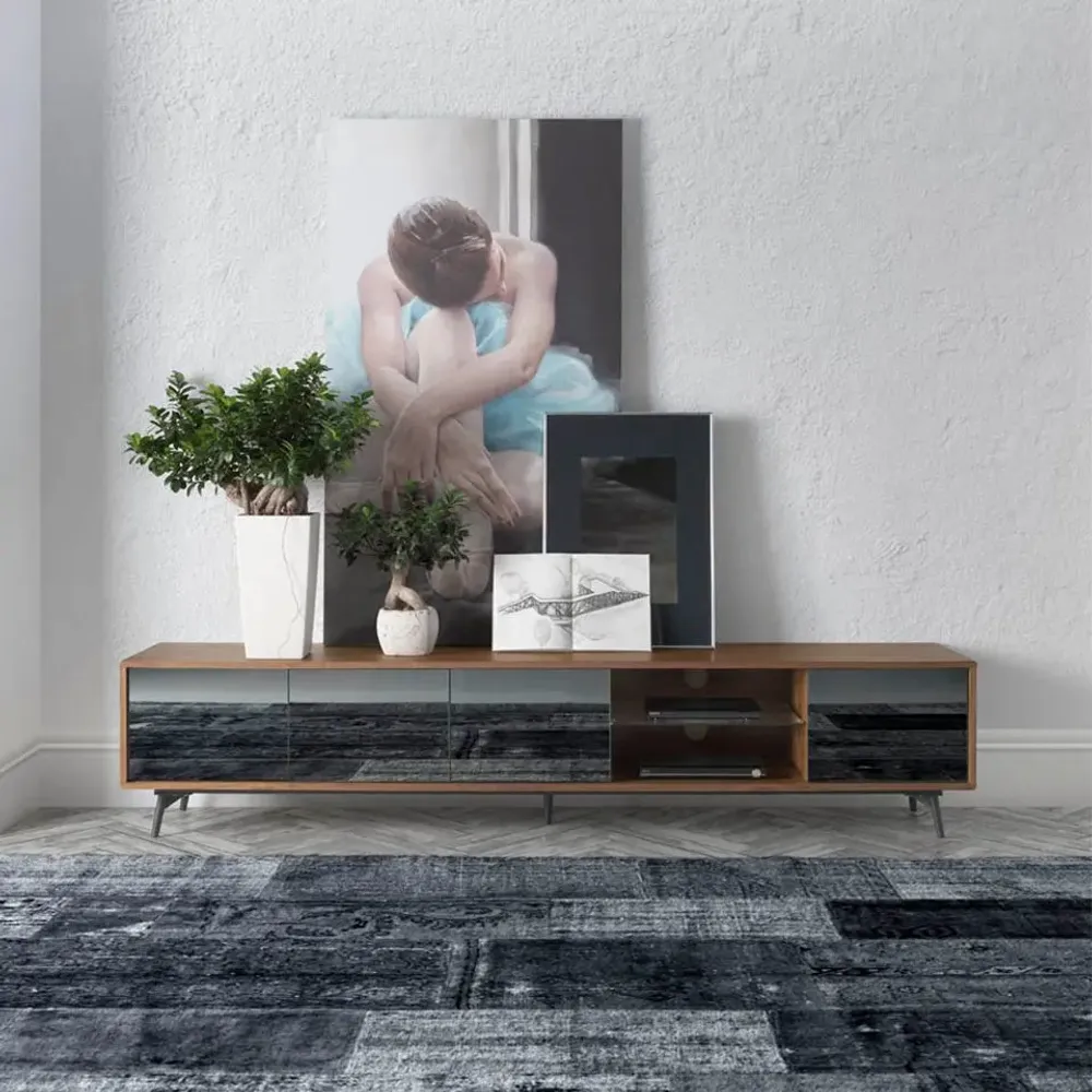 Sideboards - Walnut TV cabinet and black mirror effect glass - ANGEL CERDÁ