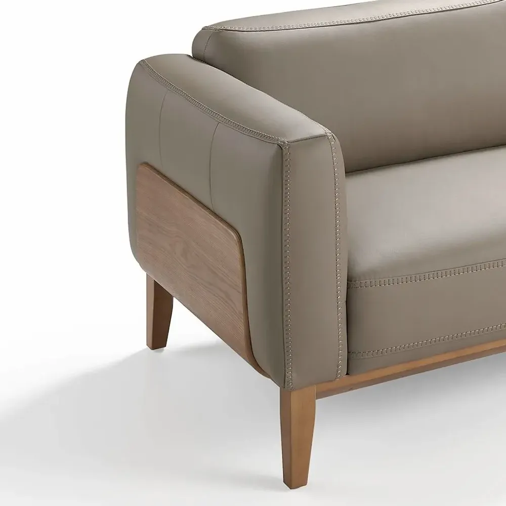 Sofas - 3 seater upholstered leather sofa with walnut details - ANGEL CERDÁ