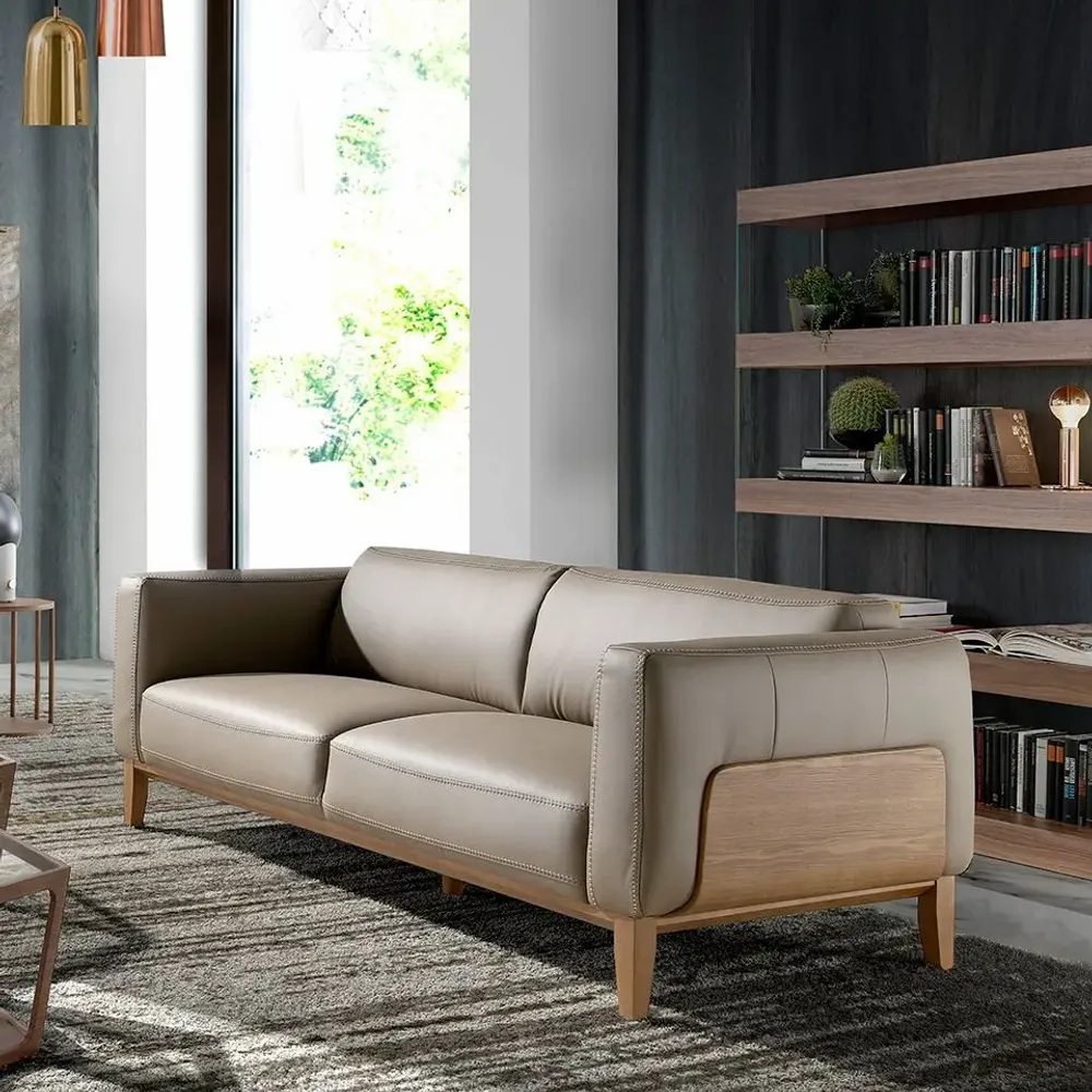 Sofas - 3 seater upholstered leather sofa with walnut details - ANGEL CERDÁ