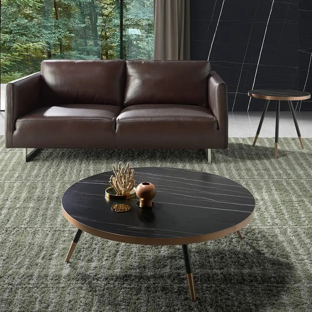 Tables basses - Table basse ronde en porcelaine de marbre noir - ANGEL CERDÁ