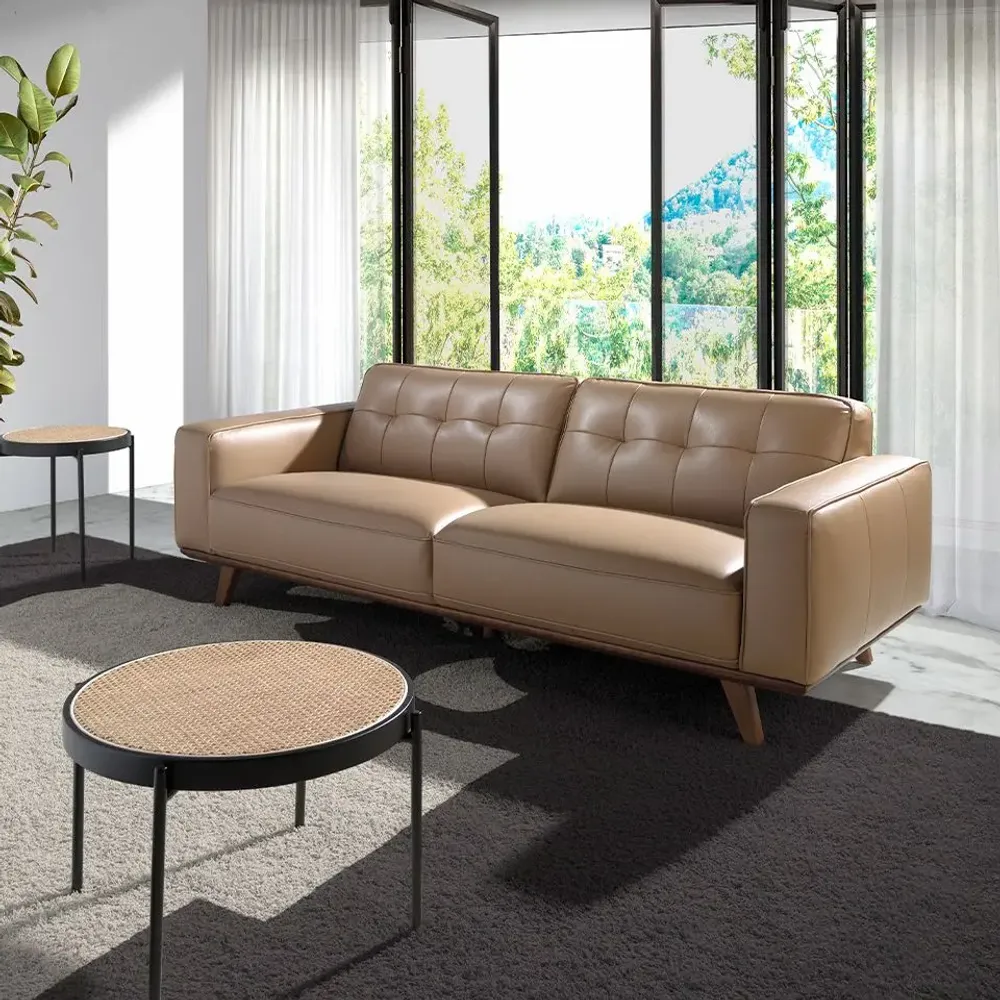 Canapés - Canapé 3 places tapissé en cuir sable - ANGEL CERDÁ