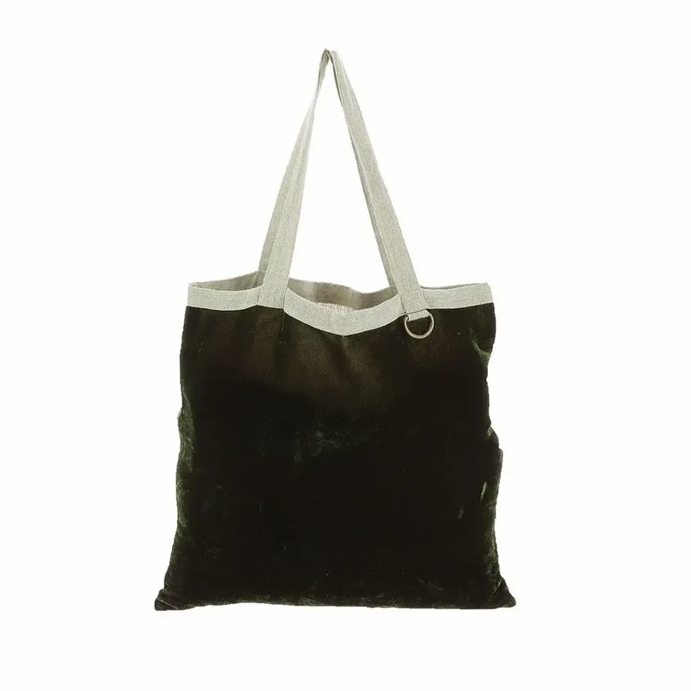 Sacs et cabas - BADALPUR Tote bag en lin imprimé monochrome gris Ananbo 38x40 cm Olive noire - EN FIL D'INDIENNE...