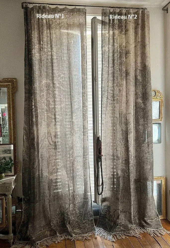 Rideaux et voilages - CAMPAGNE rideau lin 140x300cm - Panneau N°2 CAMPAGNE GRISAILLE - EN FIL D'INDIENNE...