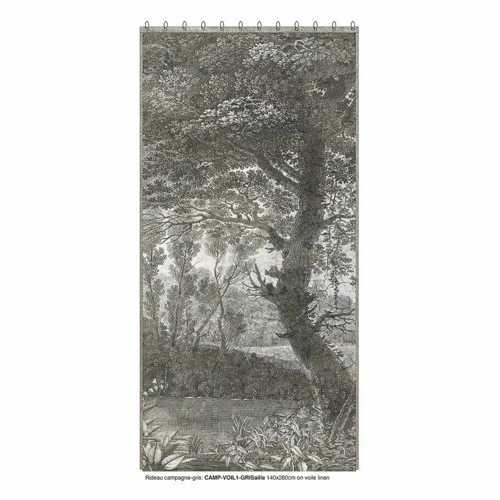 Rideaux et voilages - CAMPAGNE Voilage N°1 - Panneau gauche voile de lin imprimé Ananbô 140x280 GRIS - EN FIL D'INDIENNE...