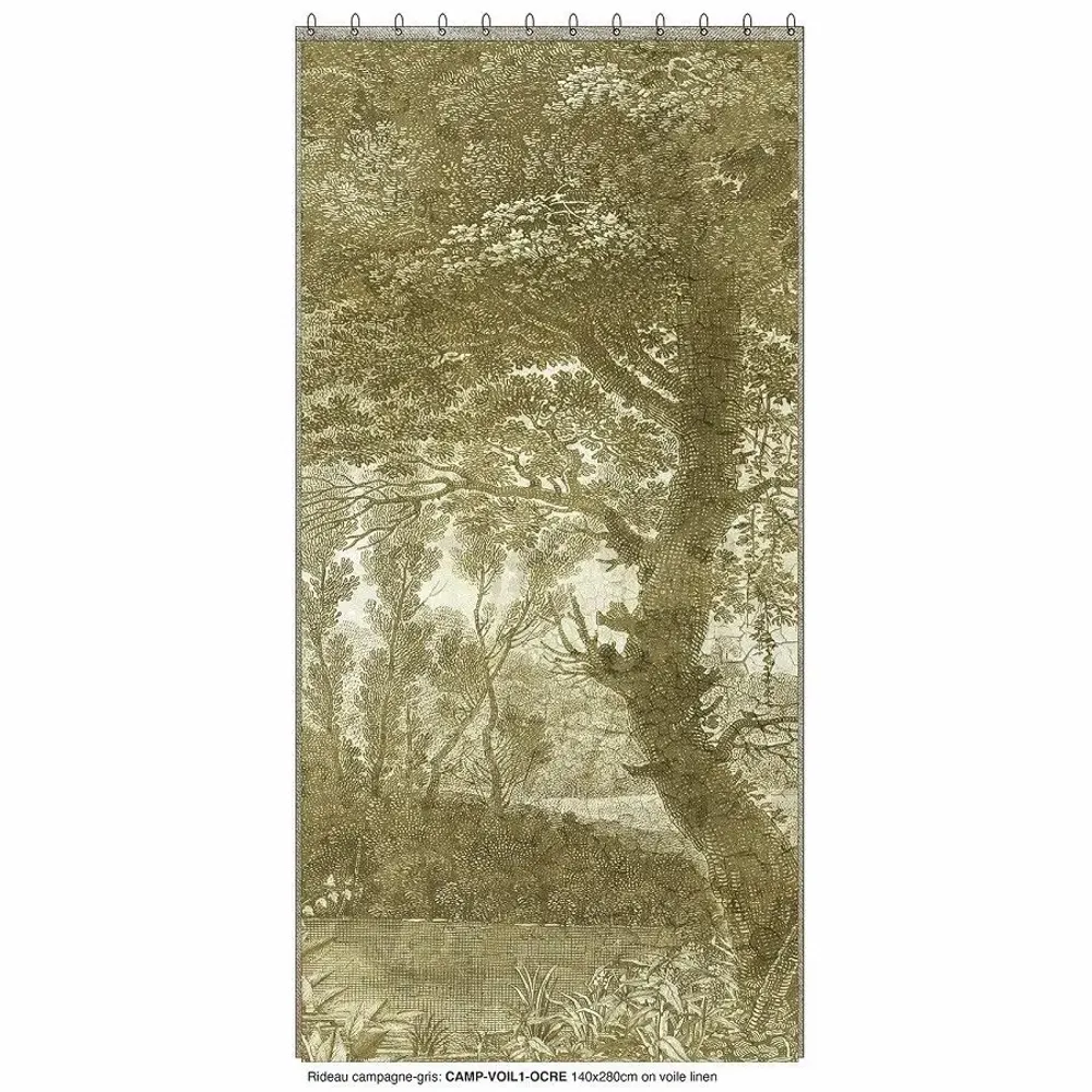 Rideaux et voilages - CAMPAGNE Voilage N°1 - Panneau gauche voile de lin imprimé Ananbô 140x280 OCRE - EN FIL D'INDIENNE...