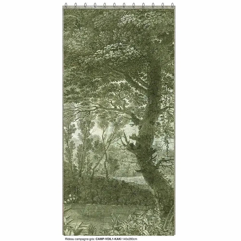 Rideaux et voilages - CAMPAGNE Voilage N°1 - Panneau gauche voile de lin imprimé Ananbô 140x280 OLIVE - EN FIL D'INDIENNE...