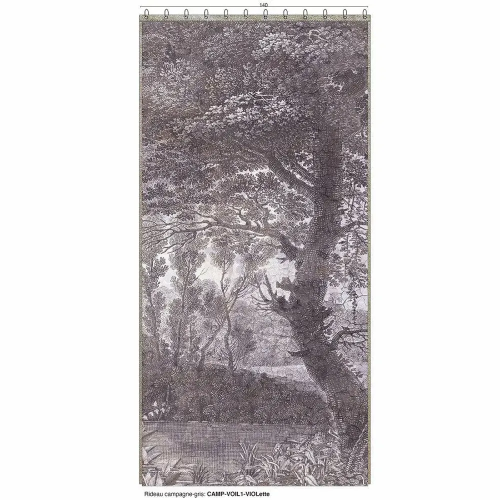 Rideaux et voilages - CAMPAGNE Voilage N°1 - Panneau gauche voile de lin imprimé Ananbô 140x280 VIOLET - EN FIL D'INDIENNE...