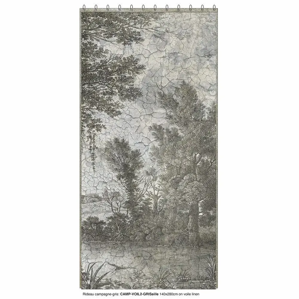 Rideaux et voilages - CAMPAGNE Voilage N°2 - Panneau droite  voile de lin imprimé Ananbô 140x280 GRISA - EN FIL D'INDIENNE...