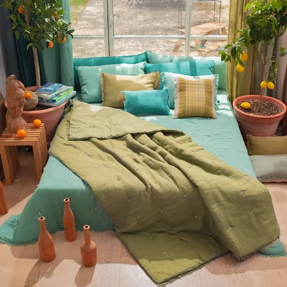 Plaids - ETAMINE Edredon 140X240 cm ETAMINE 2 KAKI - EN FIL D'INDIENNE...