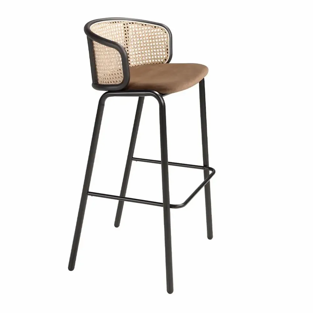 Tabourets - Tabouret en velours brun et rotin - ANGEL CERDÁ