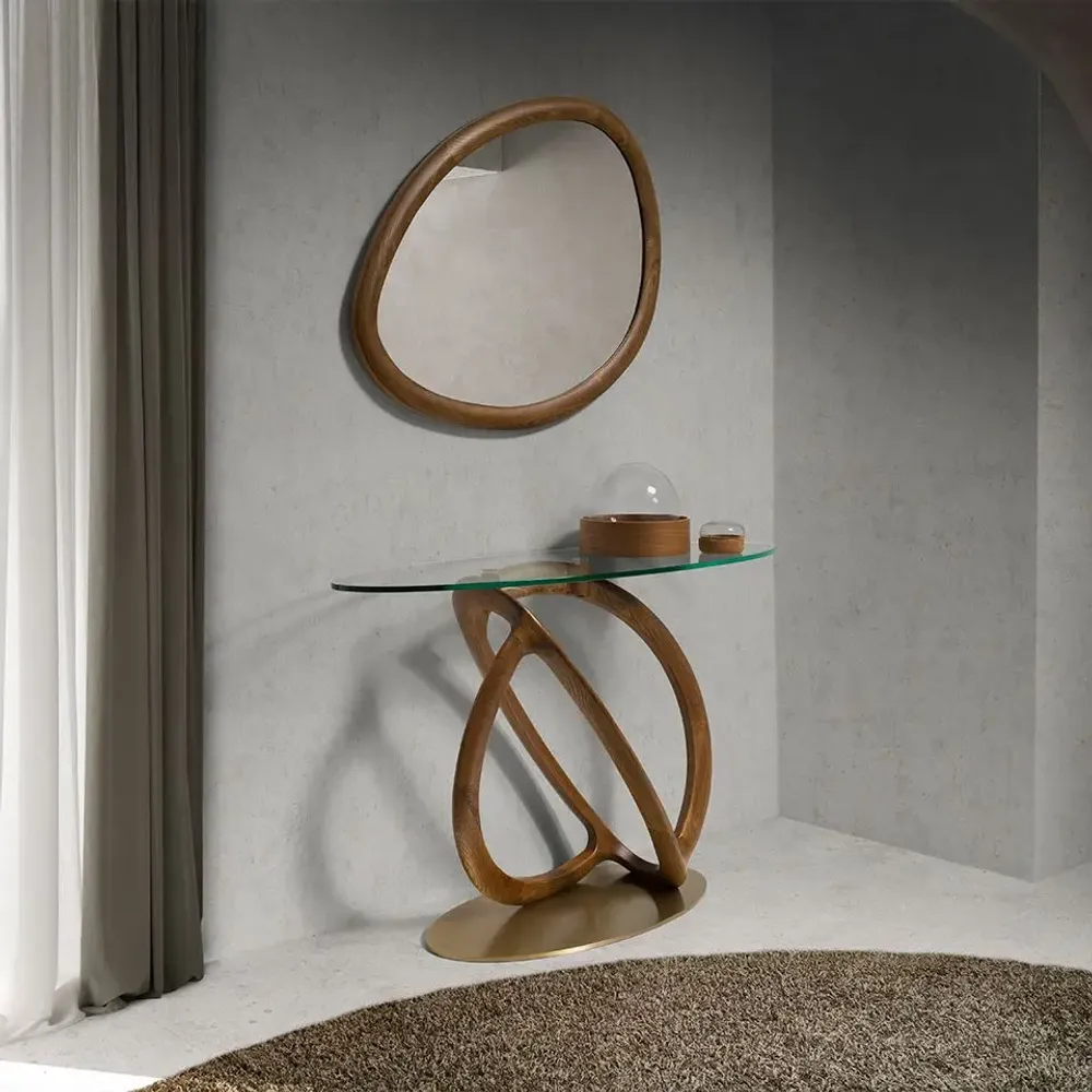 Console table - Tempered glass and walnut oval console table - ANGEL CERDÁ