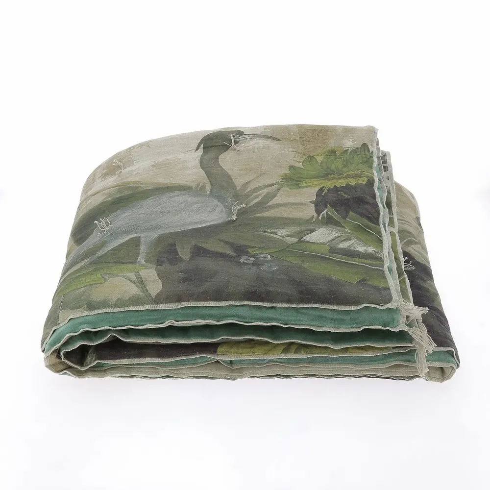 Plaids - COCHIN Bout de lit en lin imprimé Ananbo 90x200 cm - CELADON - EN FIL D'INDIENNE...