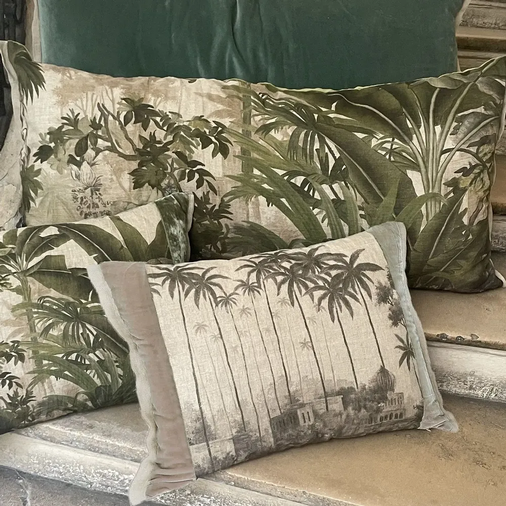 Fabric cushions - BADALPUR Ananbo monochrome printed linen cushion cover 40x55 cm Beige - EN FIL D'INDIENNE...