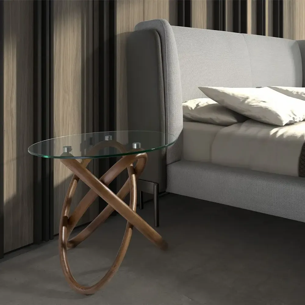 Autres tables  - Table d'angle ronde en verre trempé et noyer - ANGEL CERDÁ