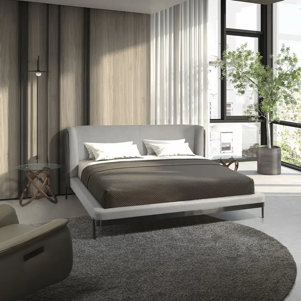 Lits - Lit en tissu gris clair et croûte de cuir gris foncé - ANGEL CERDÁ