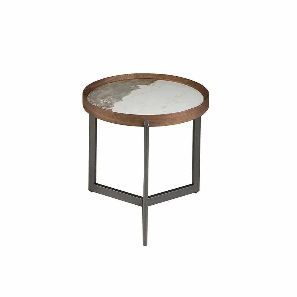 Coffee tables - Round coffee table in porcelain marble, walnut and dark metallic steel - ANGEL CERDÁ