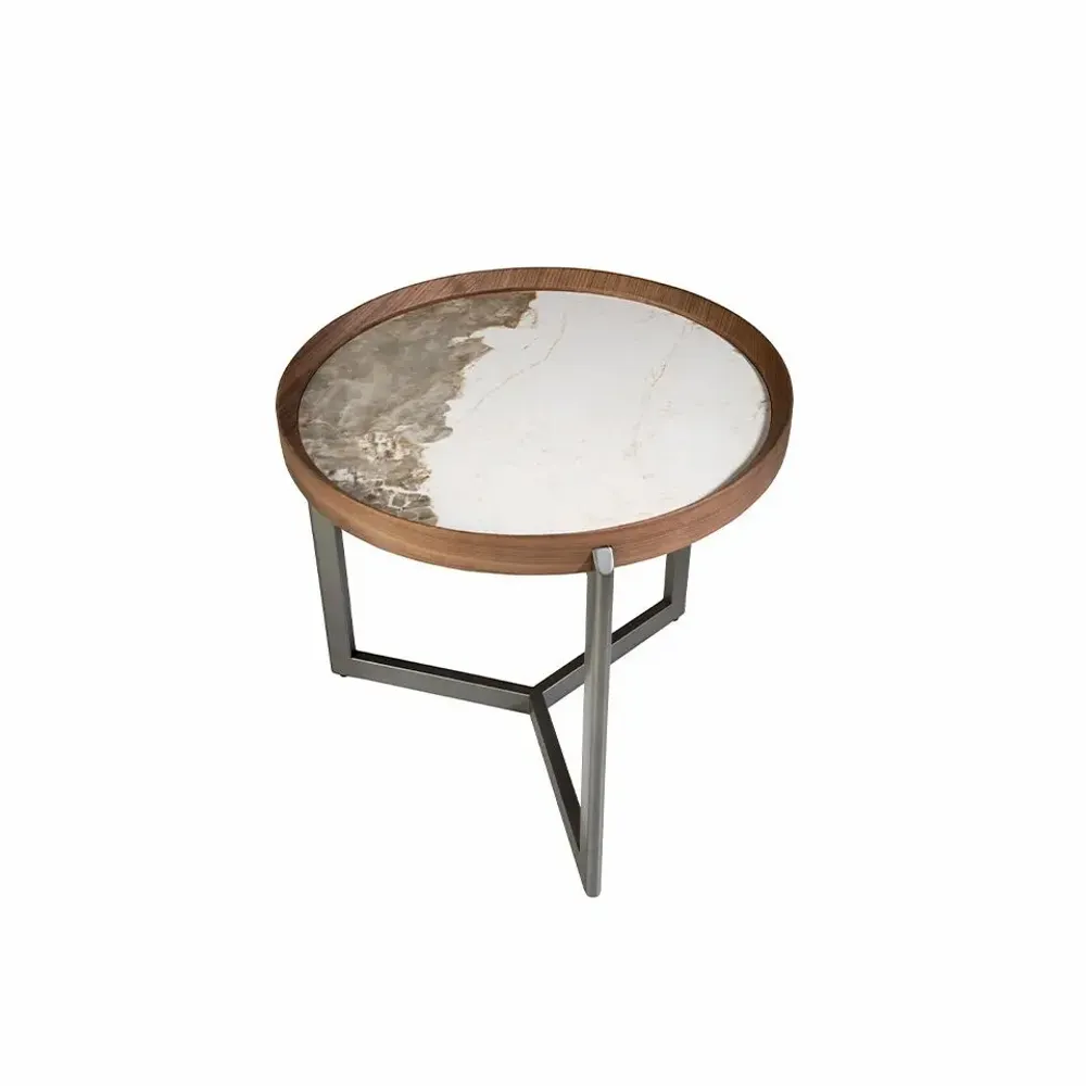 Coffee tables - Round coffee table in porcelain marble, walnut and dark metallic steel - ANGEL CERDÁ