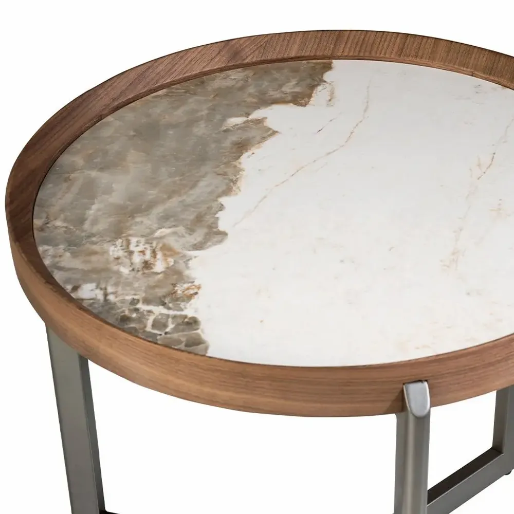 Coffee tables - Round coffee table in porcelain marble, walnut and dark metallic steel - ANGEL CERDÁ