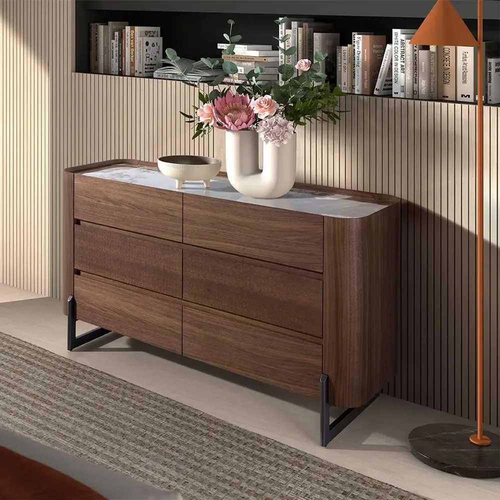 Chests of drawers - Chest of drawers walnut and metallic dark steel with porcelain marble top - ANGEL CERDÁ