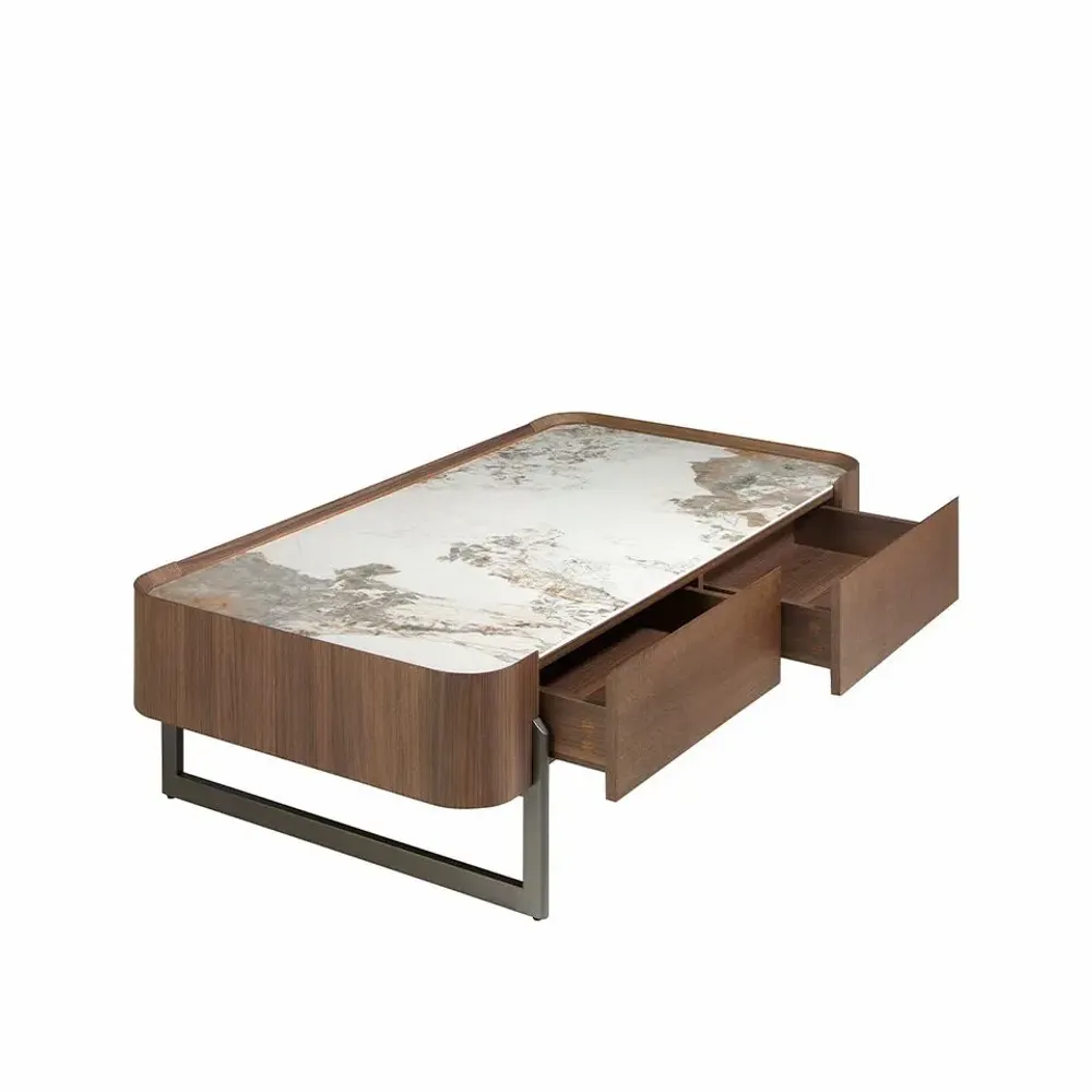 Coffee tables - Rectangular coffee table in porcelain marble, walnut and dark metallic steel - ANGEL CERDÁ