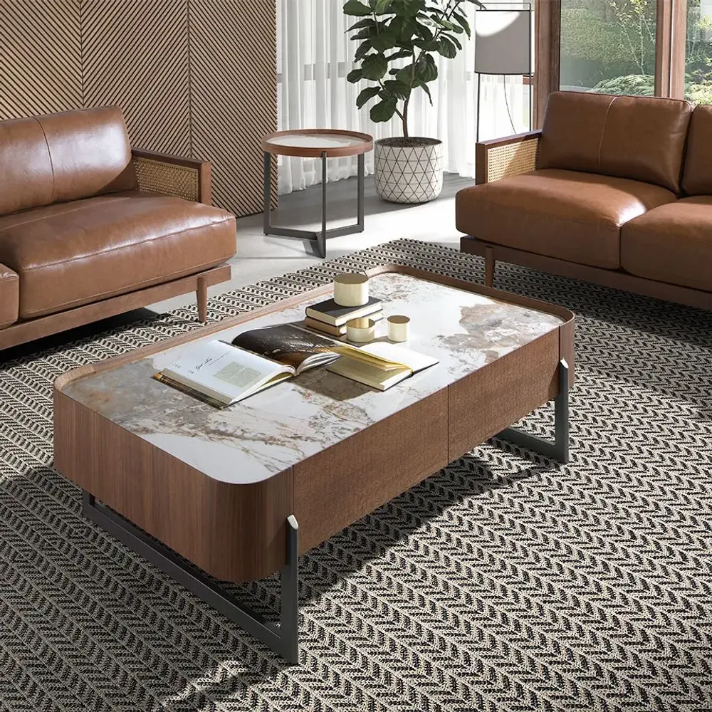 Coffee tables - Rectangular coffee table in porcelain marble, walnut and dark metallic steel - ANGEL CERDÁ