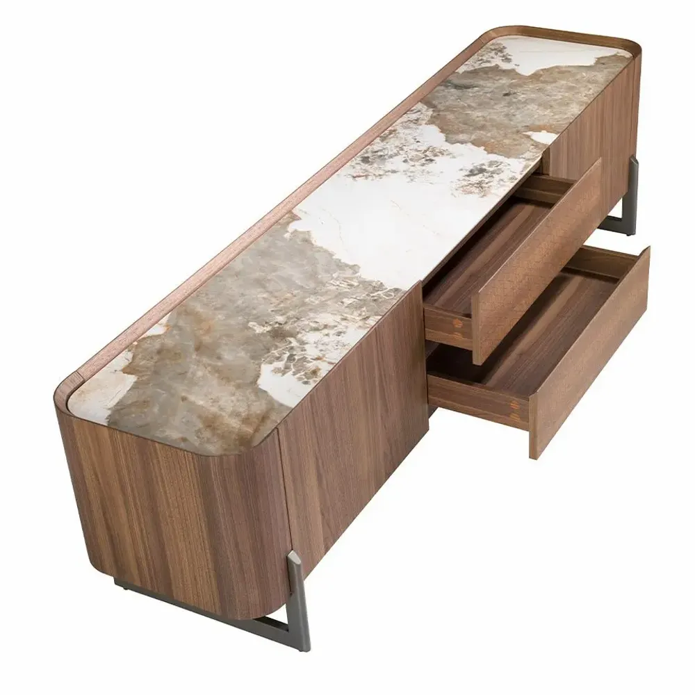 TV stands - Walnut and dark metallised steel TV cabinet with porcelain marble top - ANGEL CERDÁ