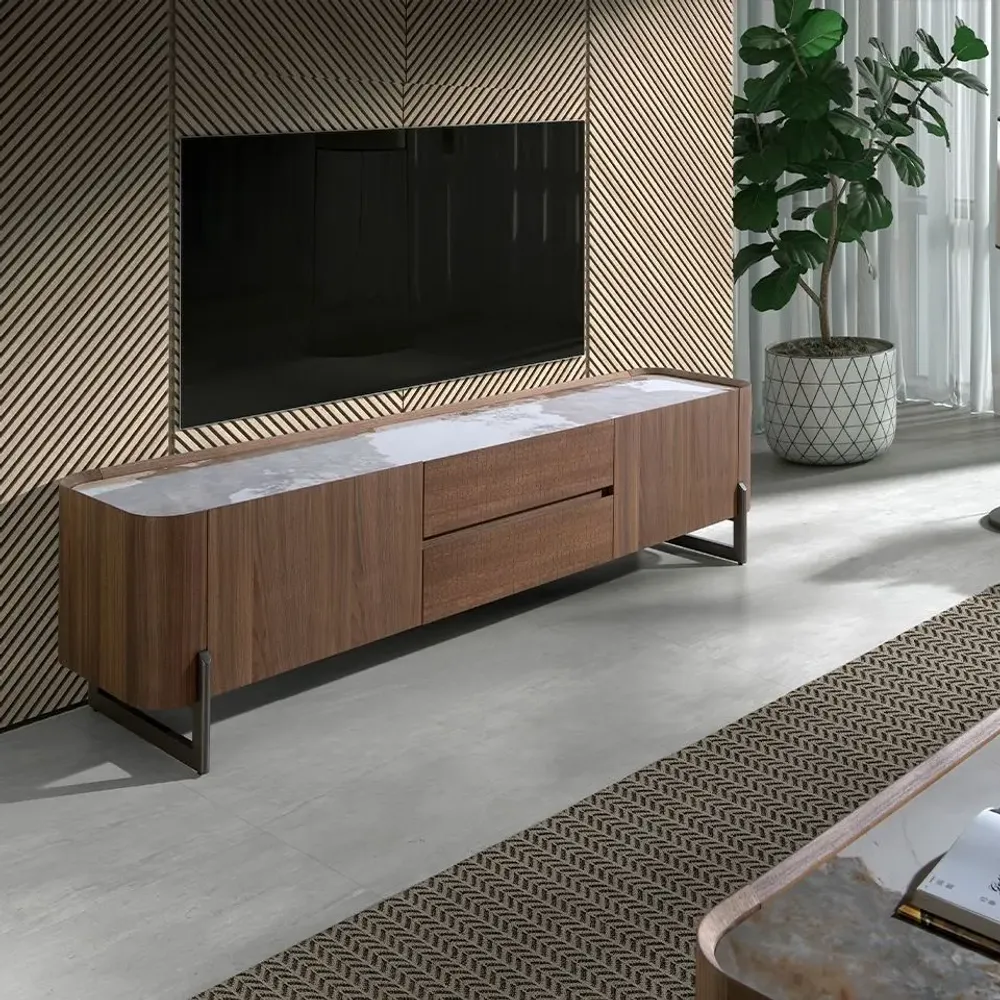 TV stands - Walnut and dark metallised steel TV cabinet with porcelain marble top - ANGEL CERDÁ