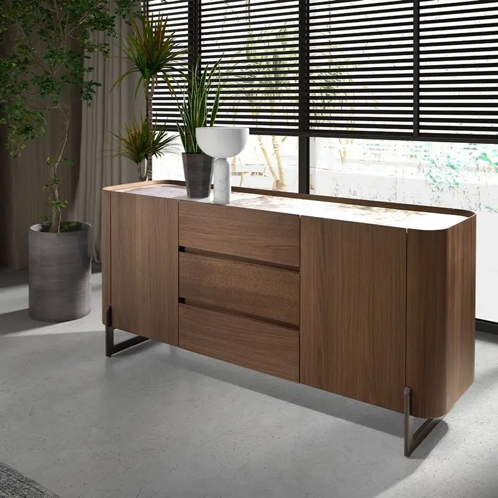 Sideboards - Walnut and dark metallised steel sideboard with porcelain marble top - ANGEL CERDÁ