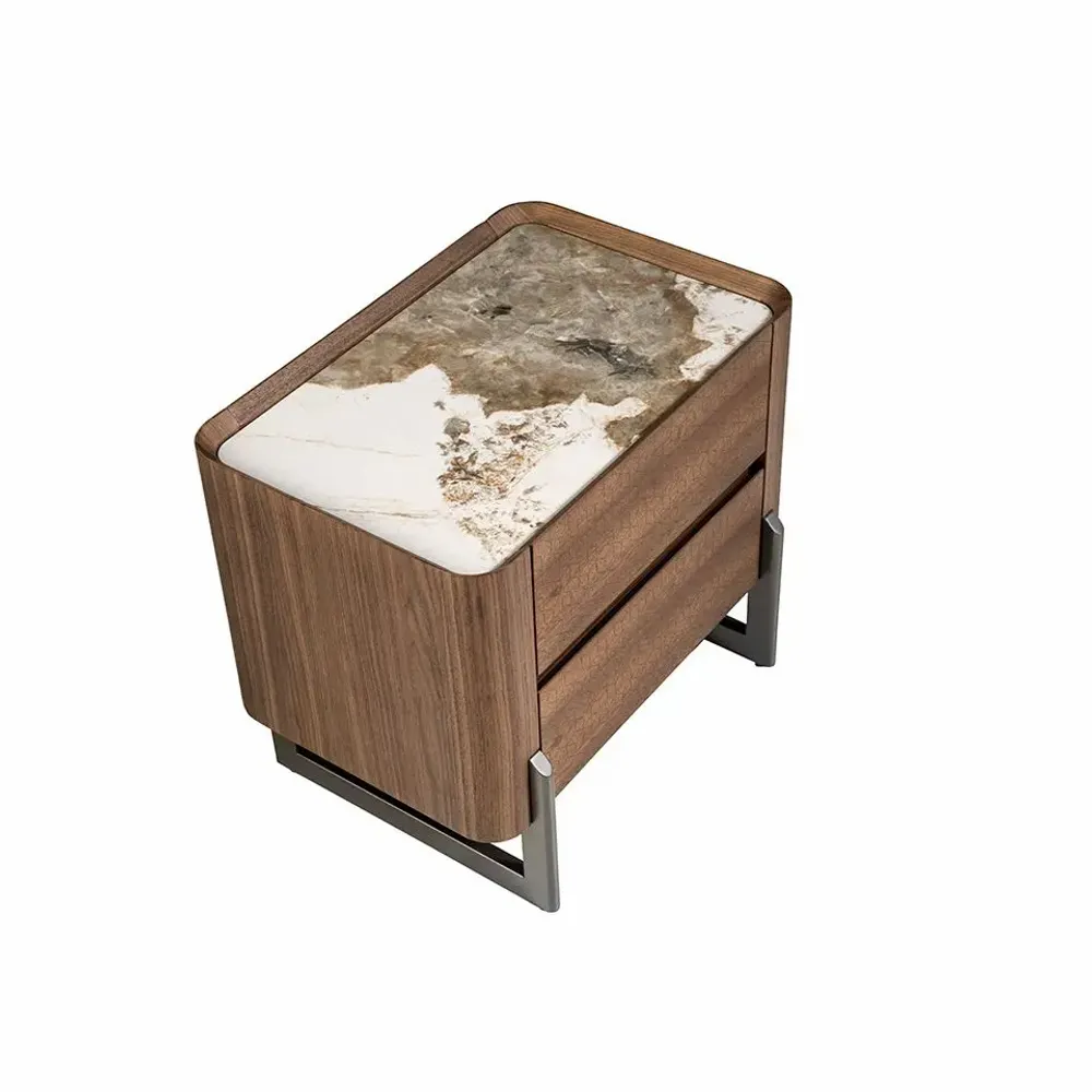 Tables de nuit - Table de chevet en noyer et acier métallisé foncé avec plateau en marbre de porcelaine - ANGEL CERDÁ